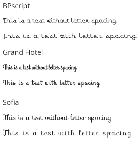 Different forms of script fonts with letter spacing Different forms of script fonts with letter spacing