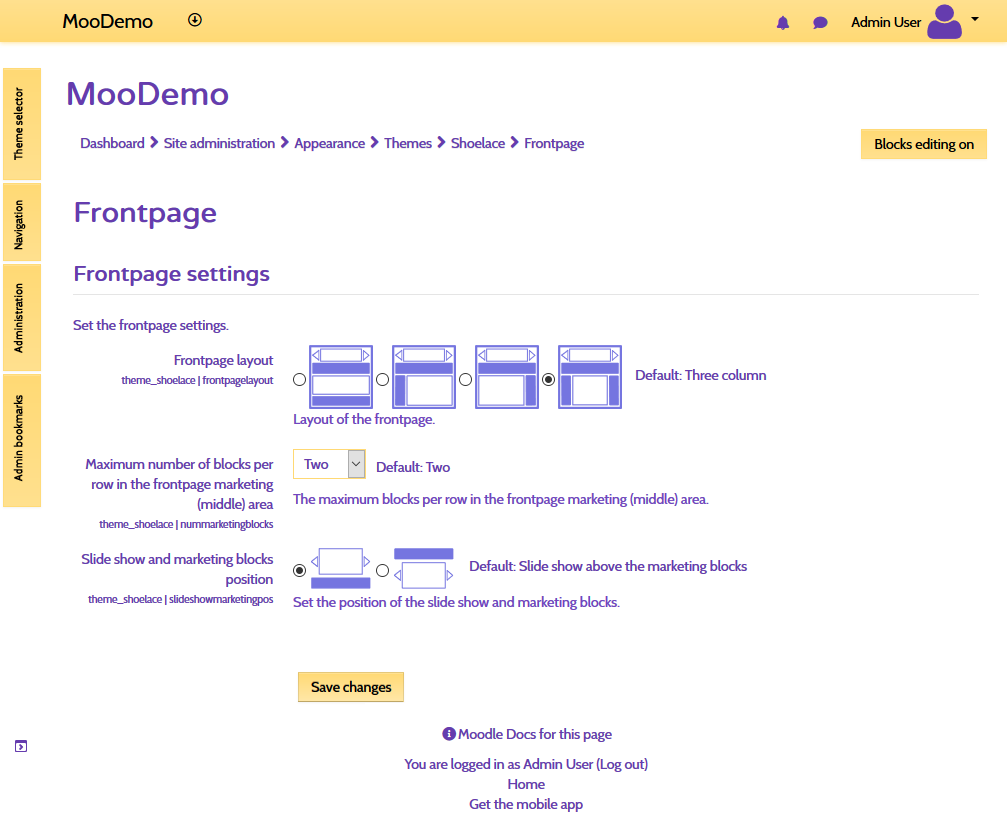 Shoelace theme front page settings